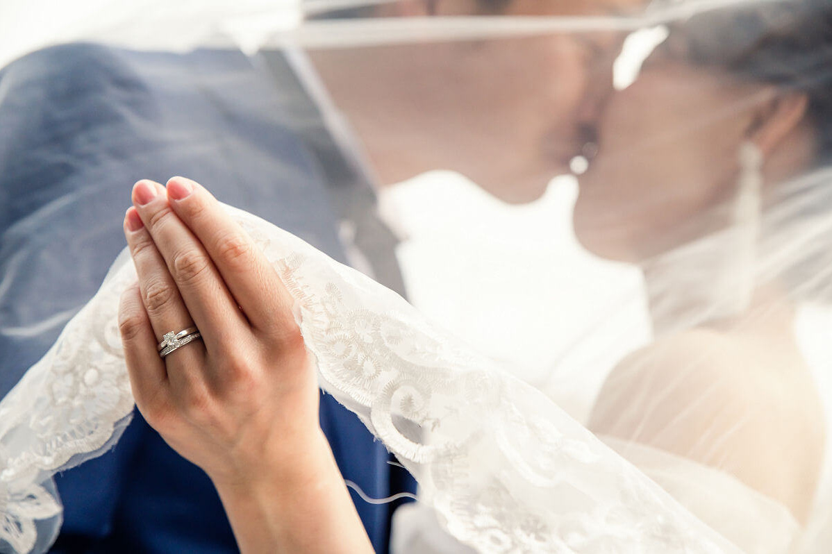 ベールの中でキスする新郎新婦